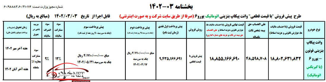 طرح جدید فروش پیکاپ فوتون اتوماتیک با قیمت جدید